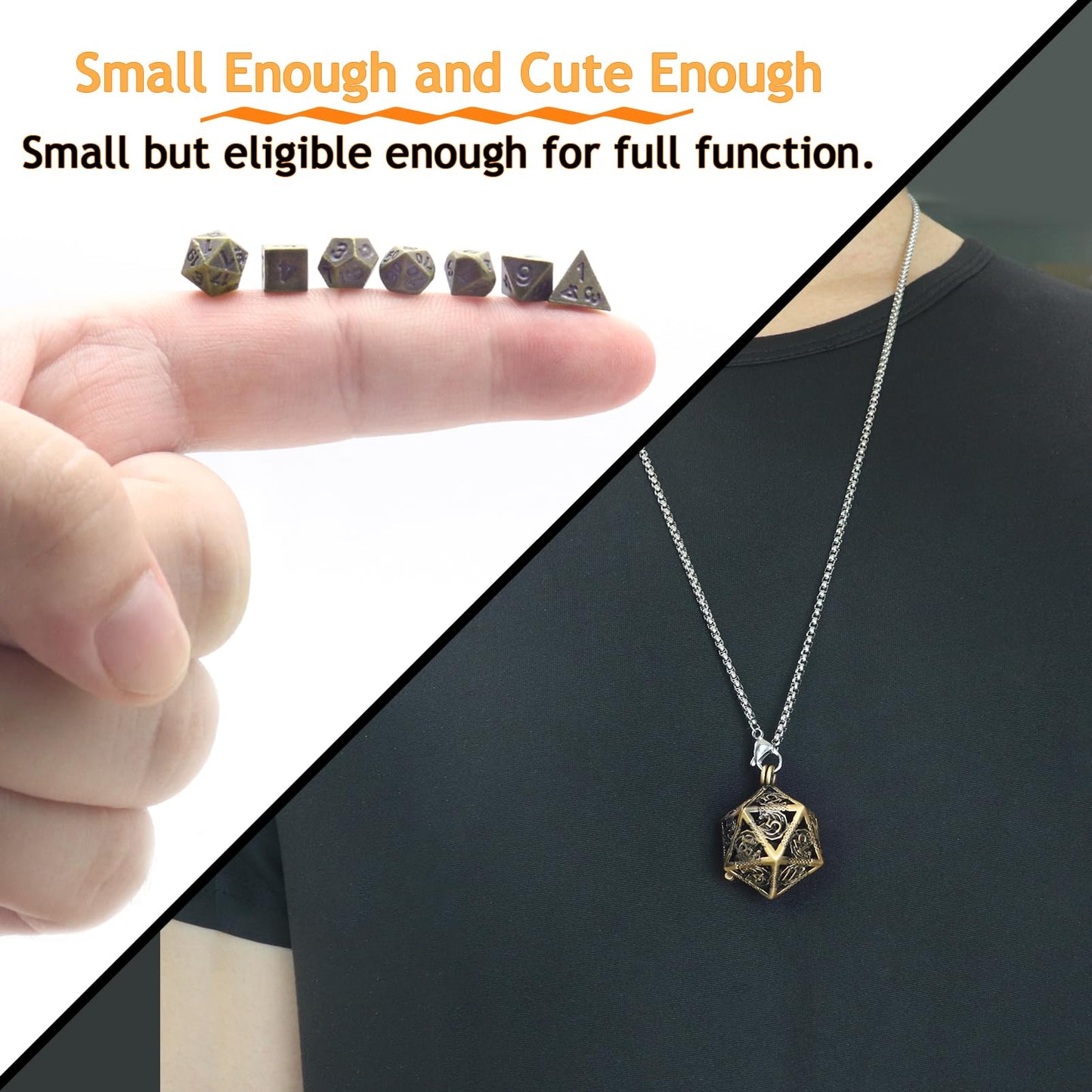 PJOY Mini Dice Set Tiny DND Dice with Bronze Hollow D20 Necklace Case D&D Portable 7PCS Keychain Antique Bronze Metal Dice Set f