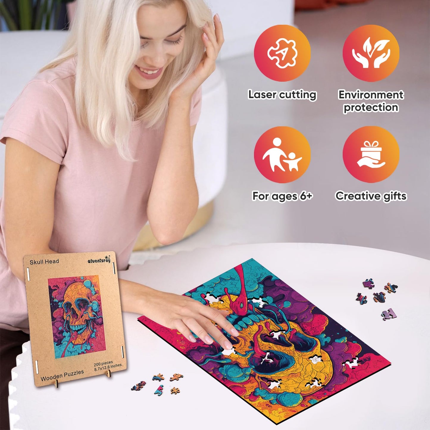 Wooden Jigsaw Puzzles-Skull Head,200Pcs,12.4X11.4In,Medium,Wooden Puzzles For Adults,Unique Shape Animal Adult Puzzles,Irregular