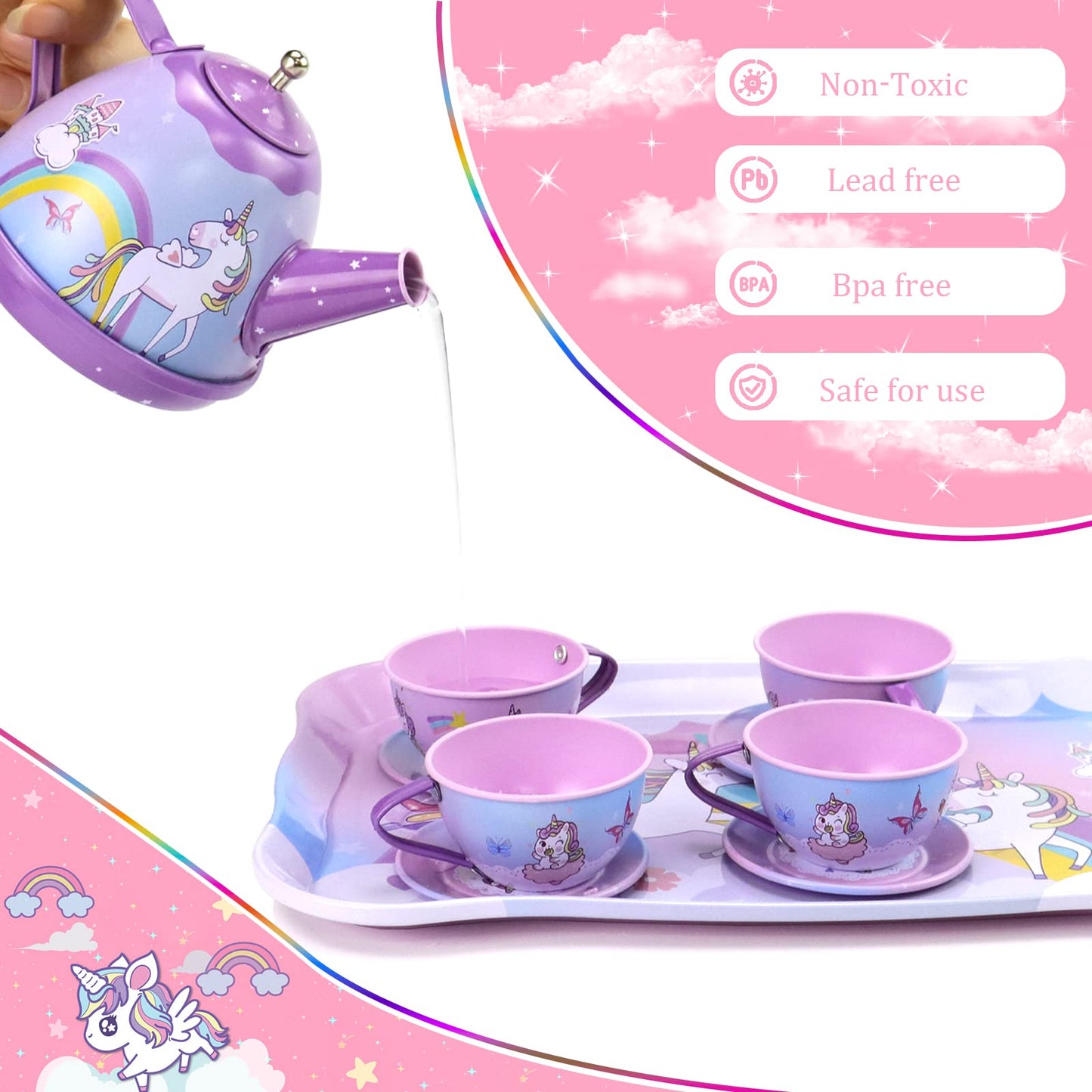 Motiloo 48Pcs Tea Set for Little Girls,Kids Pretend Toy Tin Tea Set and Carrying Case,Rainbow Magic Unicorn Design for Girls Pri