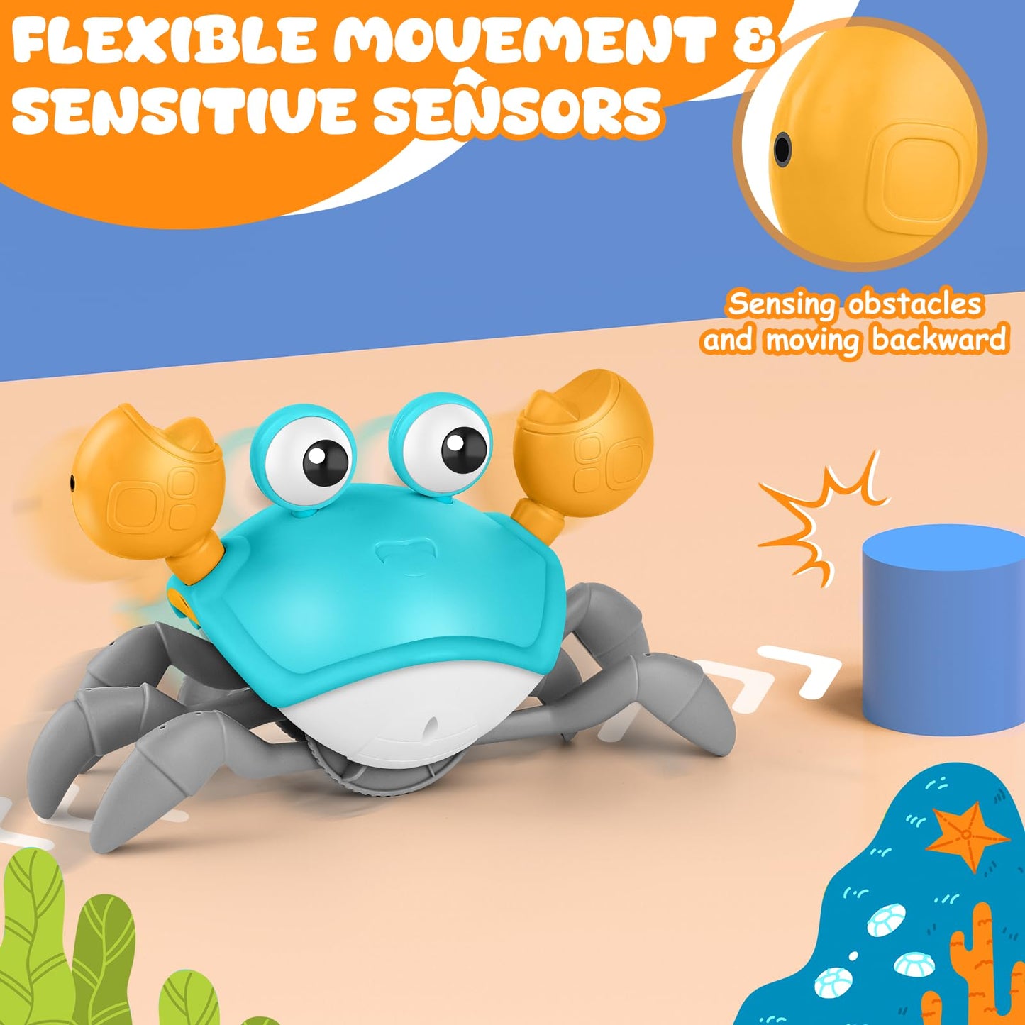 Crawling Crab Baby Toy, Upgraded Tummy Time Gifts For Newborn Babies 3-6 6-12 Month, Light-Up Walking Dancing Moving Crab With M