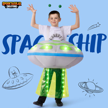 Spooktacular Creations Kids Inflatable Costumes Light-Up Spaceship Halloween Inflatable Costume with Long Tentacles Headband Blow-up Costumes for Halloween Cosplay Party Themed Party