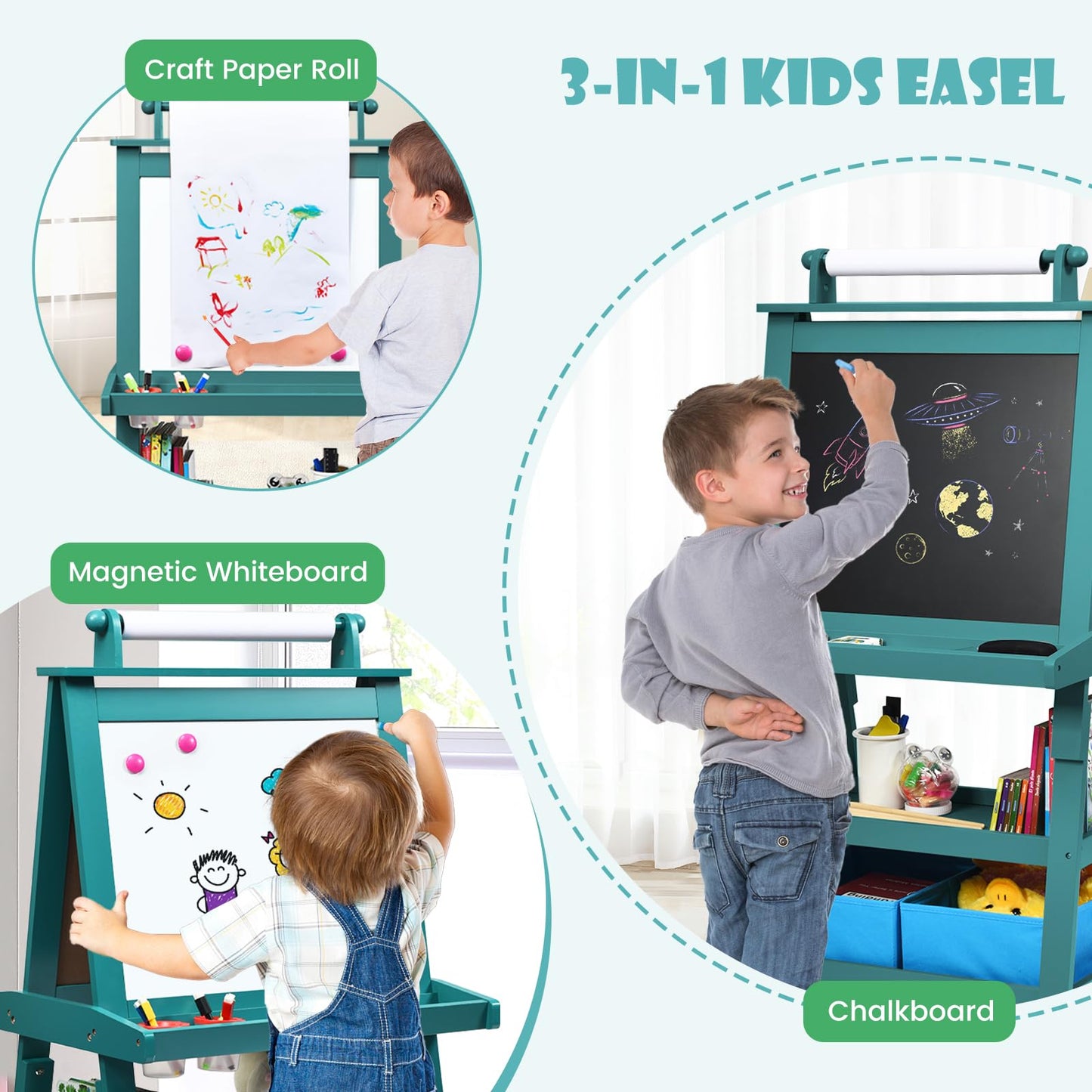 Honey Joy Art Easel For Kids, 3-In-1 Double-Sided Wooden Toddler Easel W/Magnetic White Board & Chalkboard, Paper Roll, 2 Storage Bins, Painting Dry Erase, Kids Easel For Boys Girls Aged 3+ (Blue)