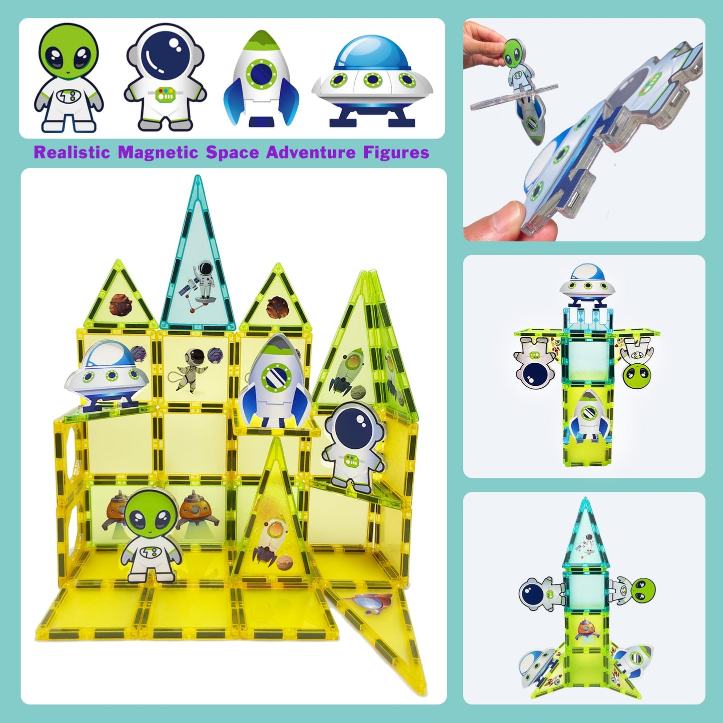 Bubuqe Space Adventure Magnetic Tiles Set Educational Magnet Tiles Building Block Toy Learning Construction Magnetic Toys Set Fo