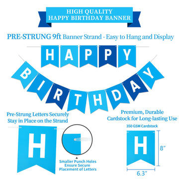 LITAUS, Birthday Decorations, NO DIY - Pack of 16 | Blue Happy Birthday Banner, Honeycomb Balls, Swirls, Garland | Happy Birthda