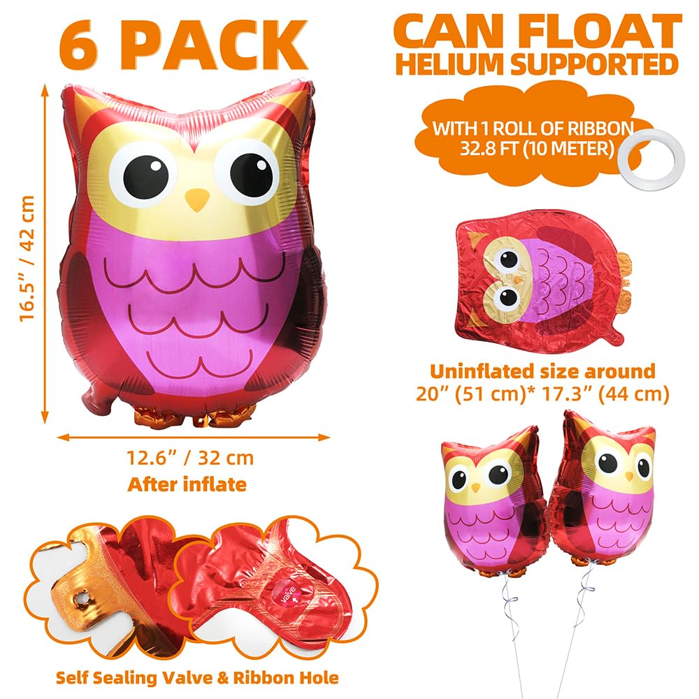 Cartoon Woodland Owl Balloons Wildlife Farm Zoo Animal Birthday Decoration Party Supplies, 6 Pack Owl Mylar Foil Balloons Jungle