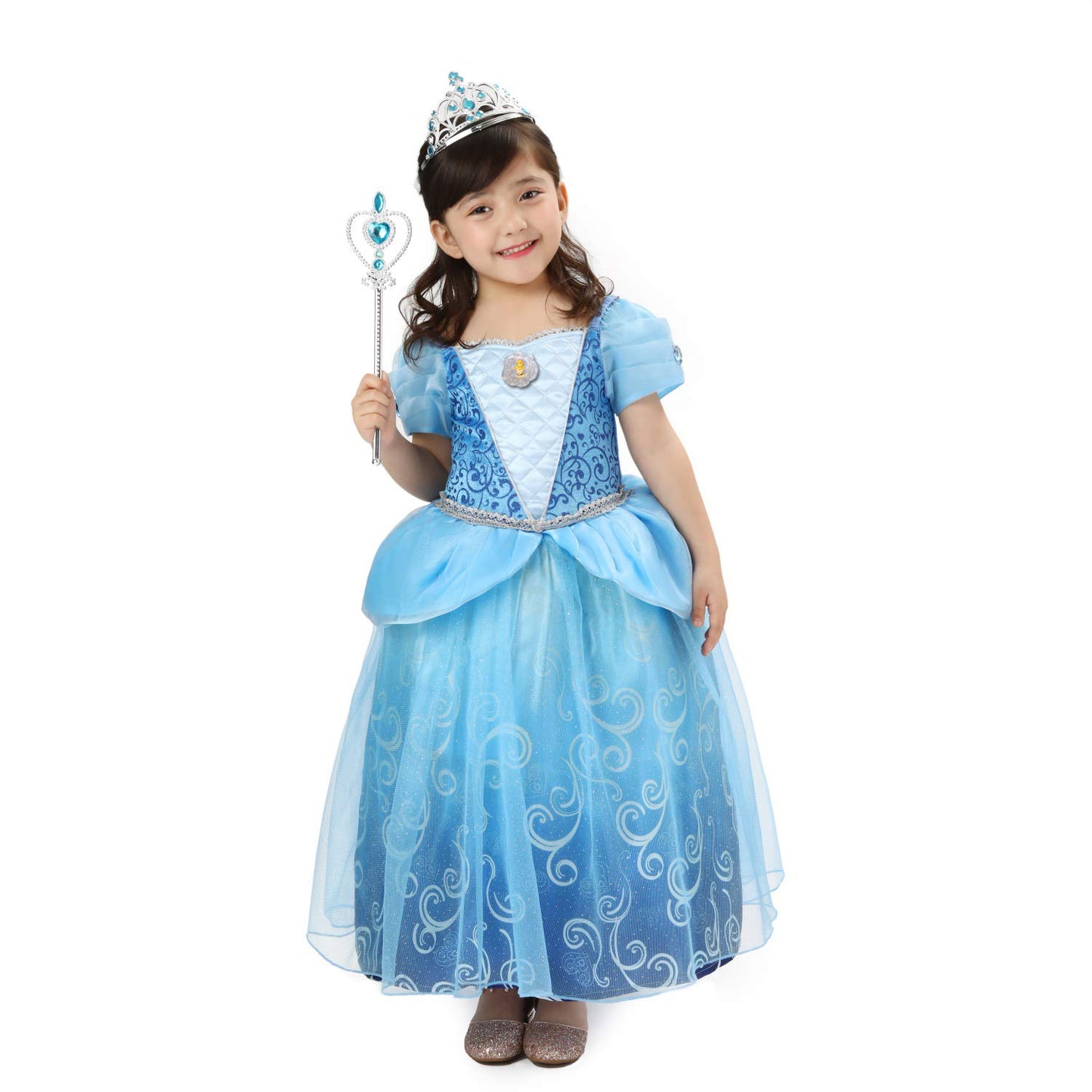 Spunicos Girls Deluxe Cinderella Princess Inspired Dress Costume For Halloween Party,Birthday Party,With Crown And Tiara 9-10Yea