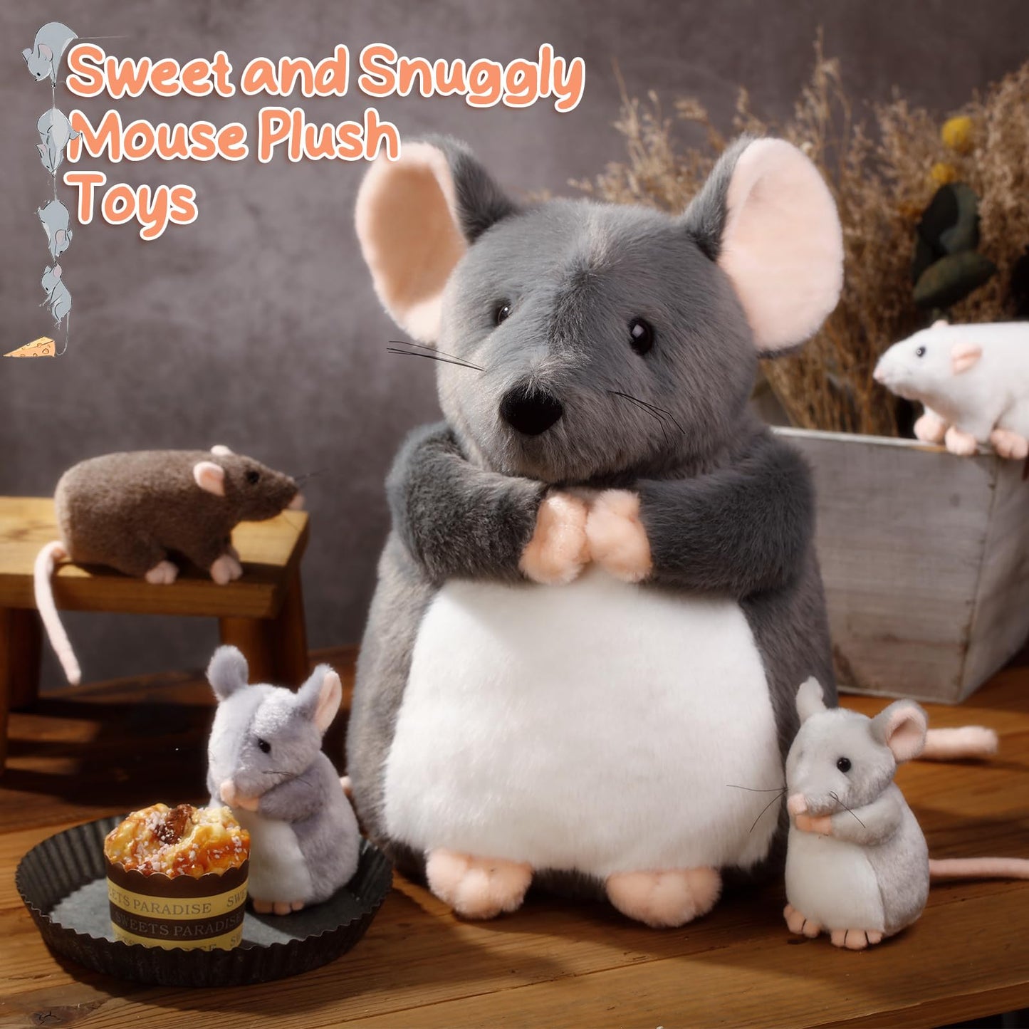 Arrowbash Plush Mouse Stuffed Animal Set, 14'' Mommy Rat with 4 Babies, Fluffy Style, Soft Plush Fabric, Ideal Gift for Rat Lovers