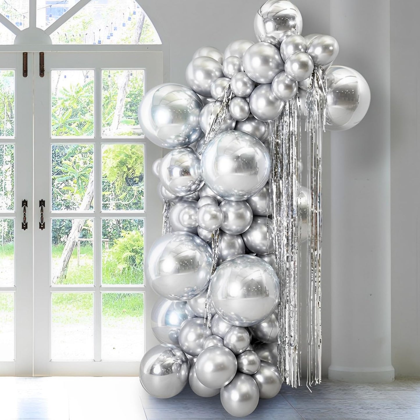 Voircoloria 130Pcs Metallic Silver Balloons Different Sizes 18'' 12'' 10'' 5'' Chrome Silver Balloon Garland Arch Kit For Gradua