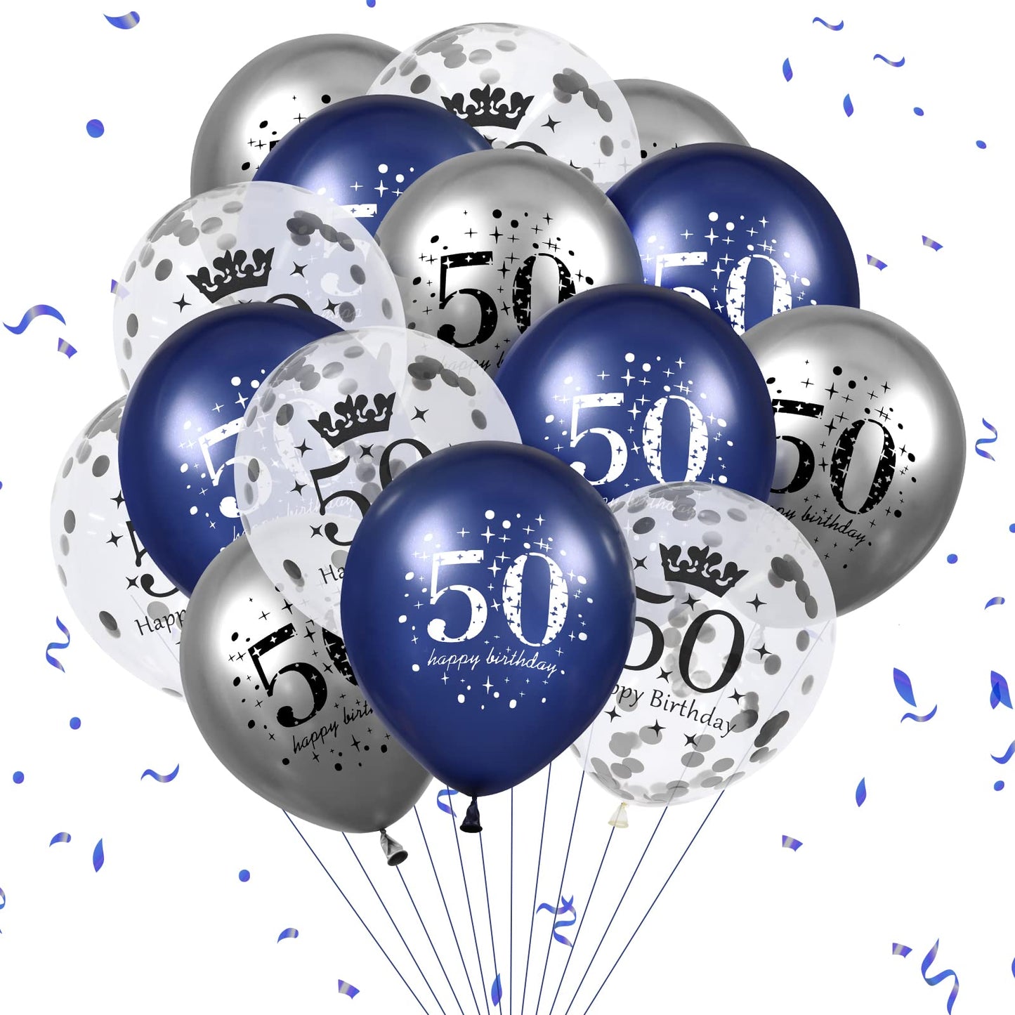 50Th Blue Birthday Balloons Decorations, 15Pcs Navy Blue Silver 50Th Birthday Balloons For Men Women 50 Anniversary Birthday Party Decor Latex Inflatable Clear Confetti Balloon Indoor Outdoor Supplies