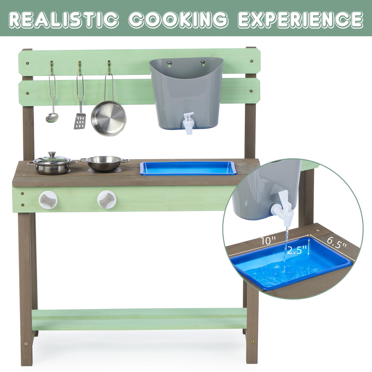 Wooden Kids Play Kitchen, Outdoor Mud Kitchen Playset with Water Play Set and Cooking Toys, Gift for 3+ Years Kid