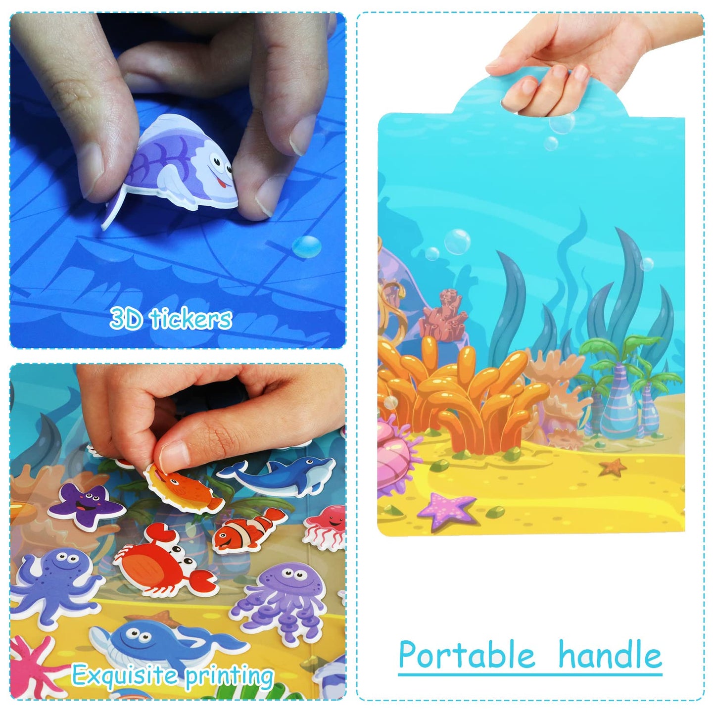 3D Sea Animals Puffy Sticker Play Set Kids 2-4 Toys Gifts Sticker Book Under The Sea Window Gel Clings Decals For Toddlers Home Airplane Classroom Nursery Ocean Party Supplies Decorations Removable 100 Reusable Puffy Stickers 2 Fold-Out Scenes