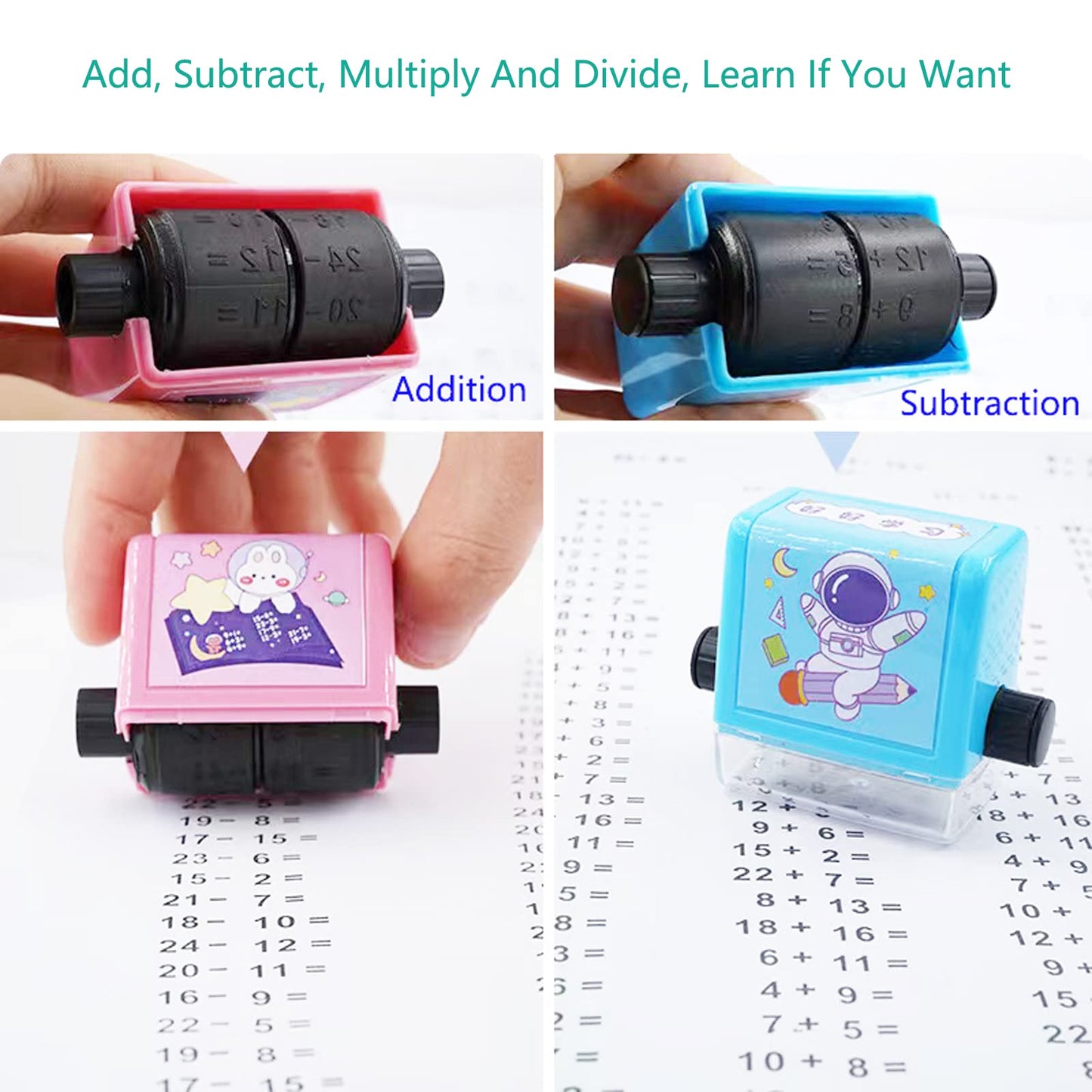 5PC Roller Digital Teaching Stamp,Addition, Subtraction, Multiplication Division and Fill in The Blank Roller Stamp, Teaching Ma