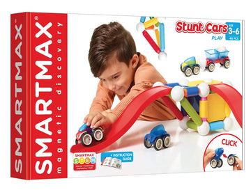 SmartMax Stunt Cars STEM Magnetic Building Set - Oversized Pieces for Ages 3+, Includes Moving Vehicles - 46-Piece Discovery Kit