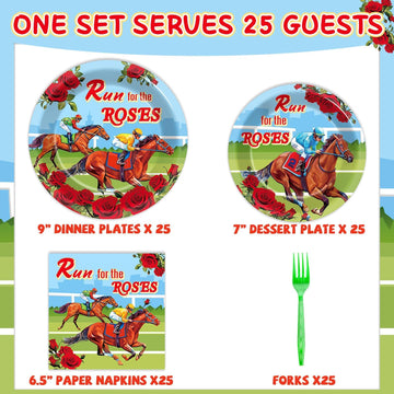 Qyeahkj 100 Pcs Kentucky Party Supplies Derby Day Tableware Set Run For The Roses Party Plates Napkins Forks Disposable Horse Ra