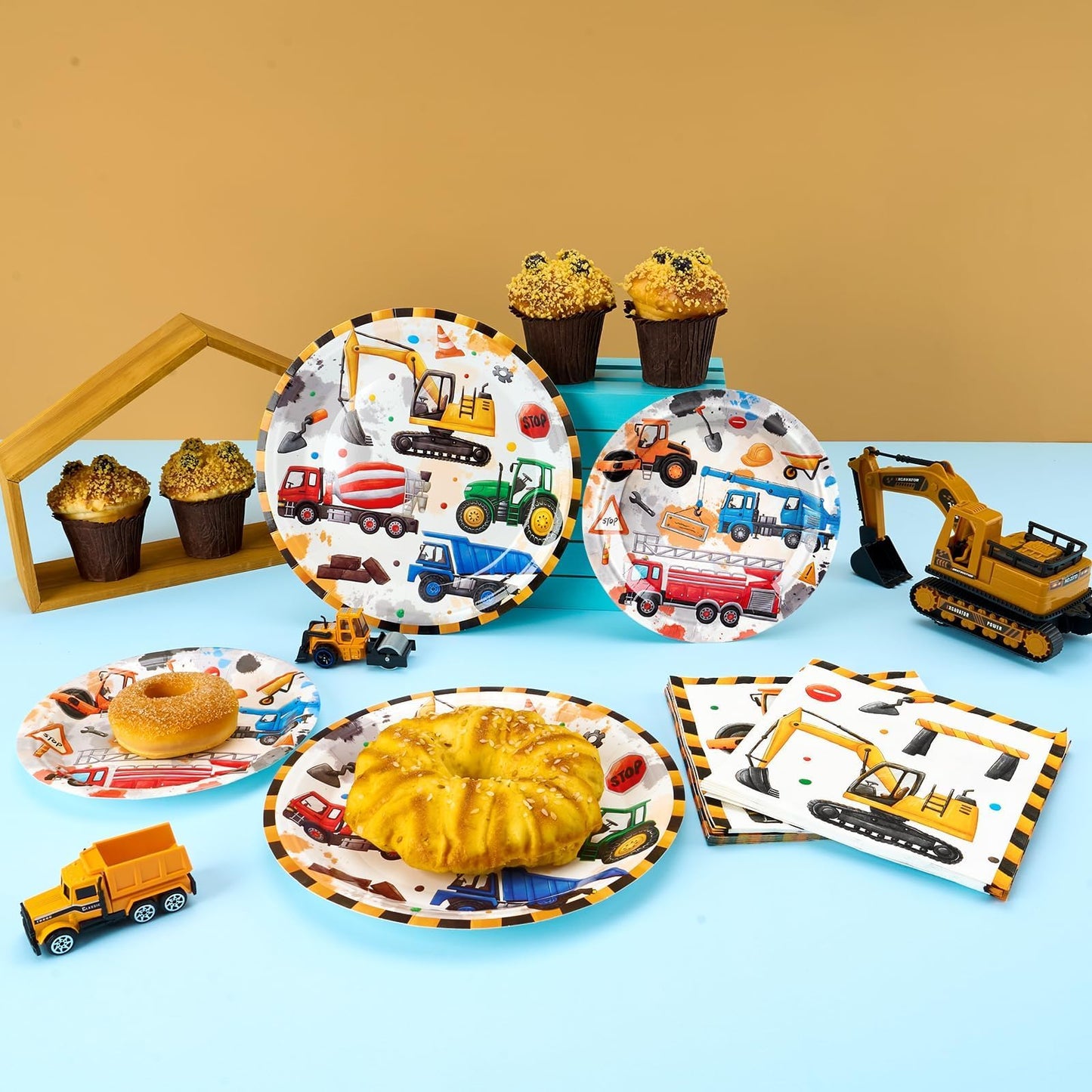 Wernnsai Construction Party Supplies - 48Pcs Dump Truck Themed Party Tableware Set Disposable Dinner Dessert Plates And Napkins For Boys Kids Baby Shower Excavator Birthday Party Serves 16 Guests