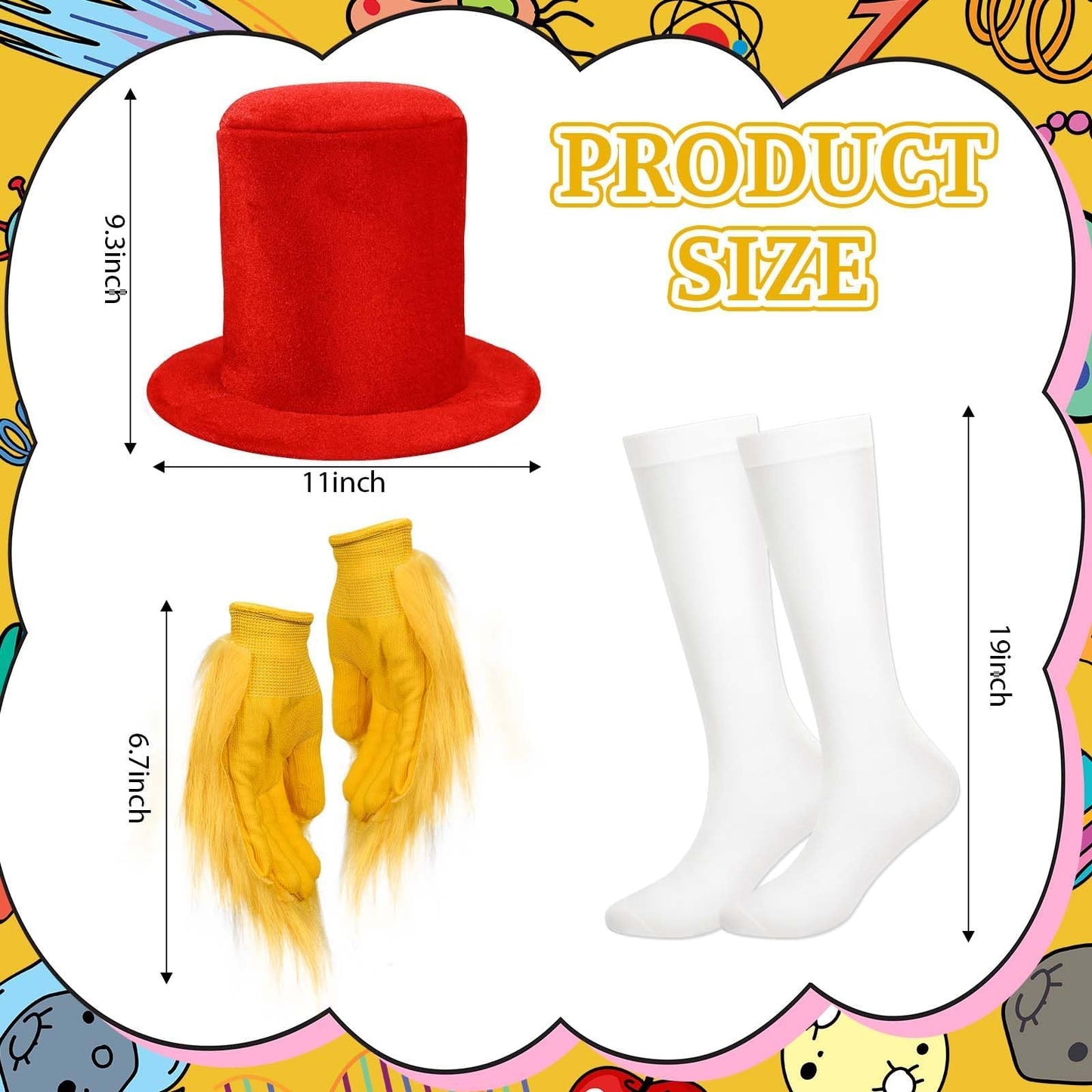 Jchrmers 4Pcs Funny Storybook Character Costume Yellow Clothing Red Top Hat Yellow Gloves For Reading Across America Day (S)