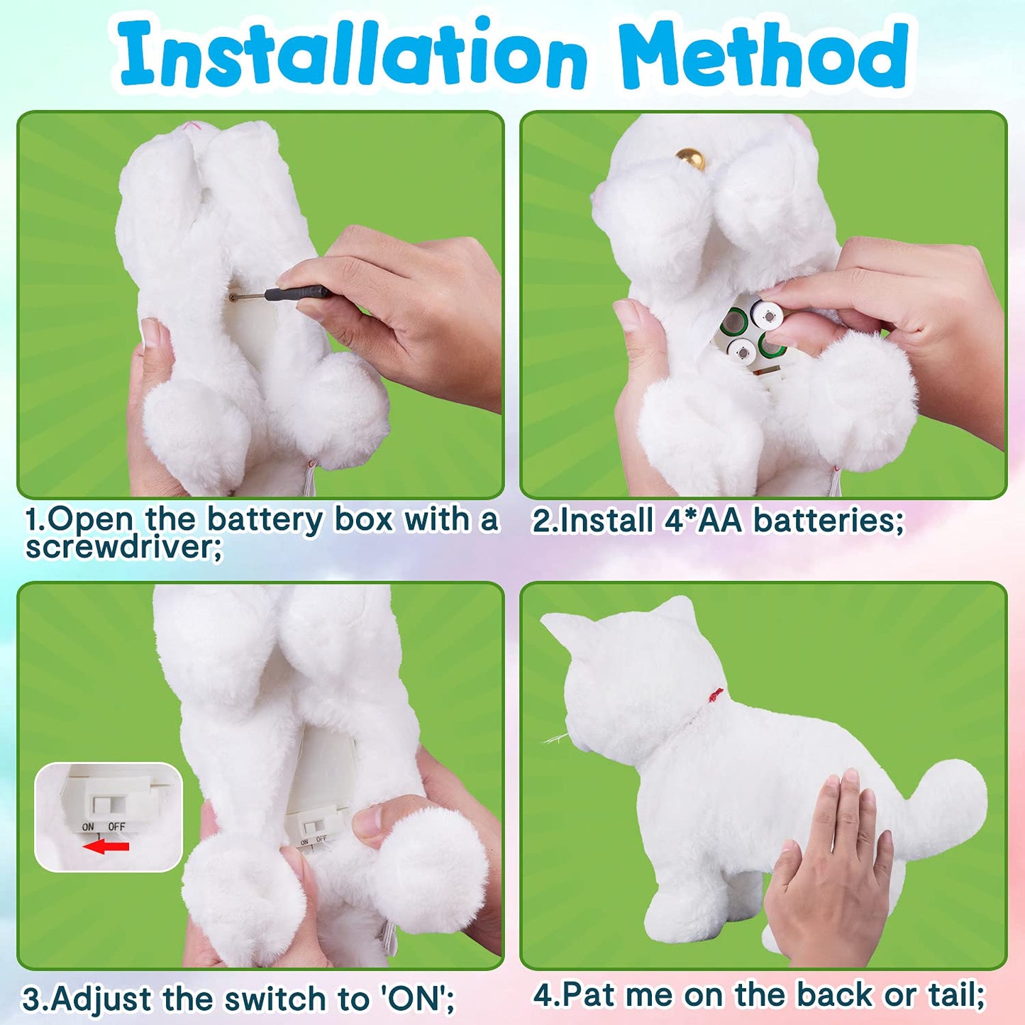 Hcdoujoy White Plush Robot Cat Stuffed Animal Interactive Cat Robot Toy, Robotic Cat Barking Meow Kitten Touch Control, Animated Kitty Cat Pet, Robot Kitty Toy For Baby Birthday H:12'