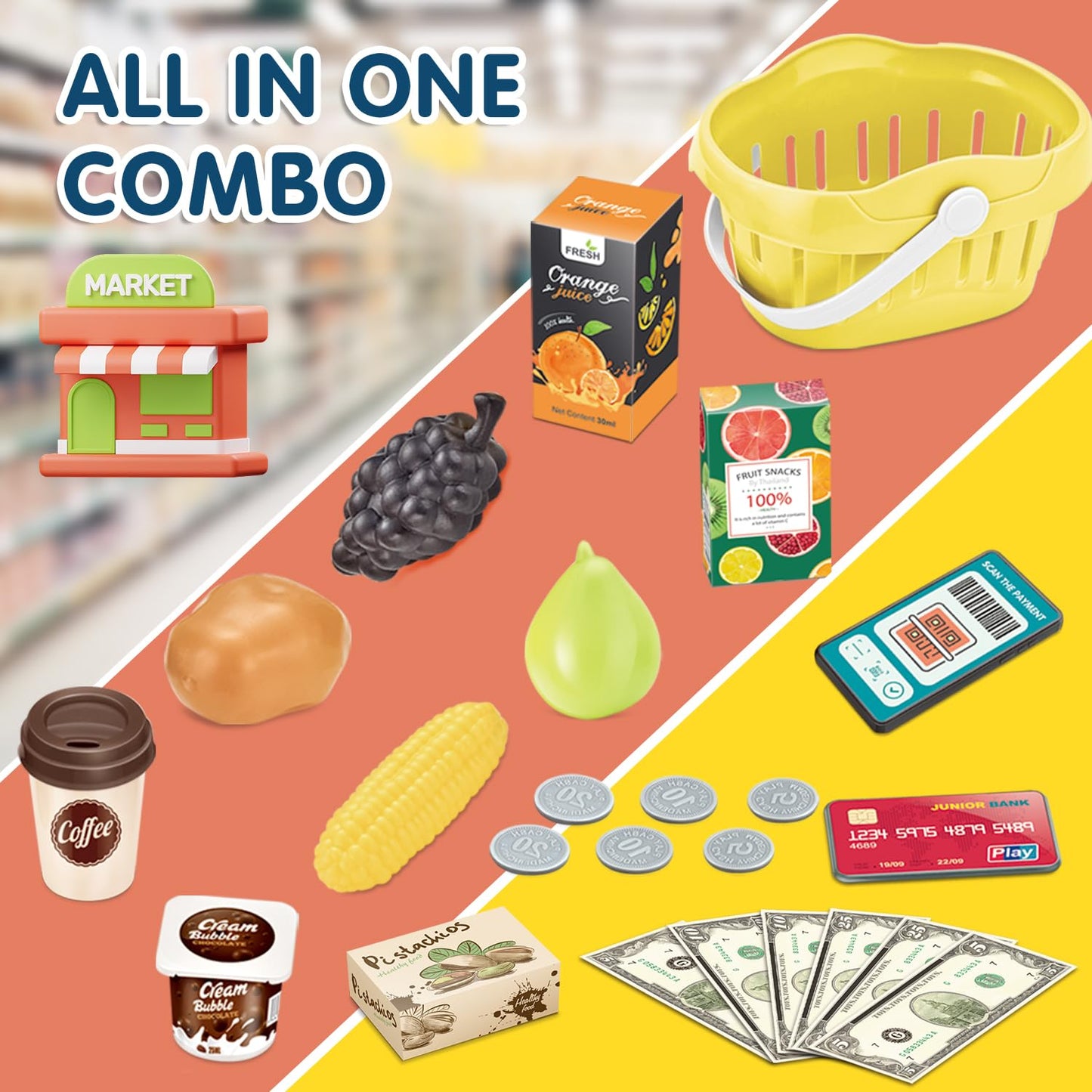 Sotodik Cash Register Toys Set 36PCS with Sounds, Scanner, Calculator & Play Food - Yellow Supermarket Learning for Kids