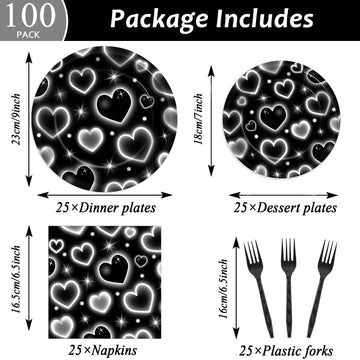 Qyeahkj 100 Pcs 2000S Party Plates Napkins Forks Set Black Heart Tableware Supplies Y2K Theme Birthday Party Decoration Early 20