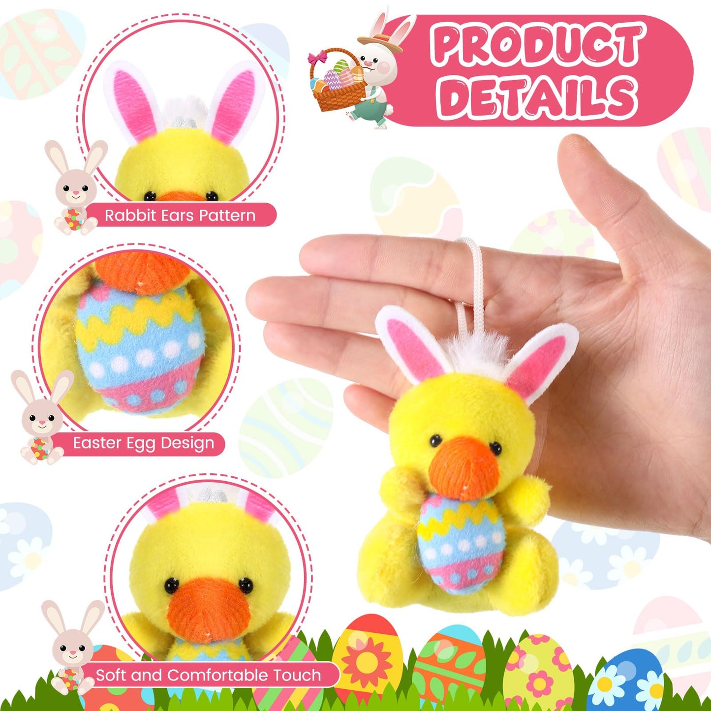 Blueweenly 24 Pcs Easter Mini Animal Plush Toy Set Small Stuffed Animal Bulk with Easter Eggs Bunny Ear Small Plush Keychain for