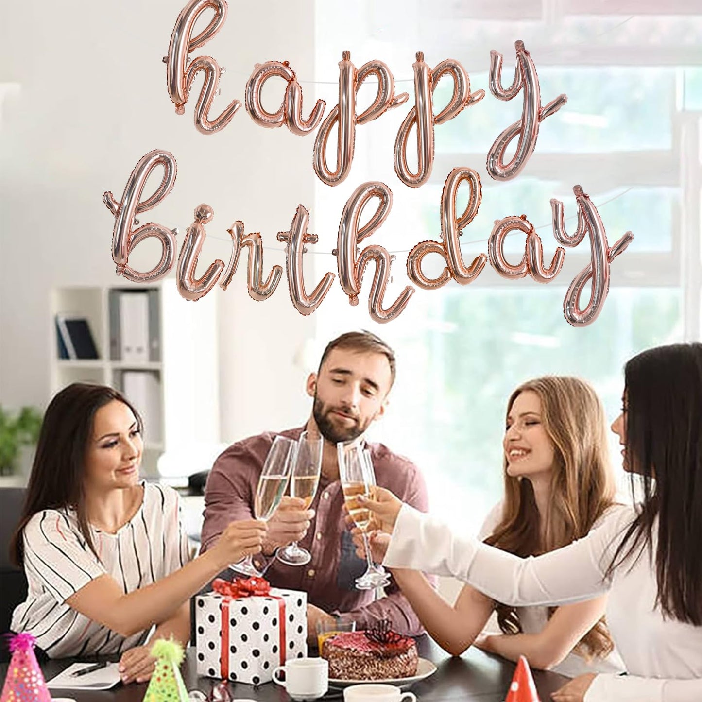 Toniful Rose Gold Happy Birthday Balloons Banner,Cursive Happy Birthday Balloons Rose Gold Birthday Decorations Rose Gold Mylar