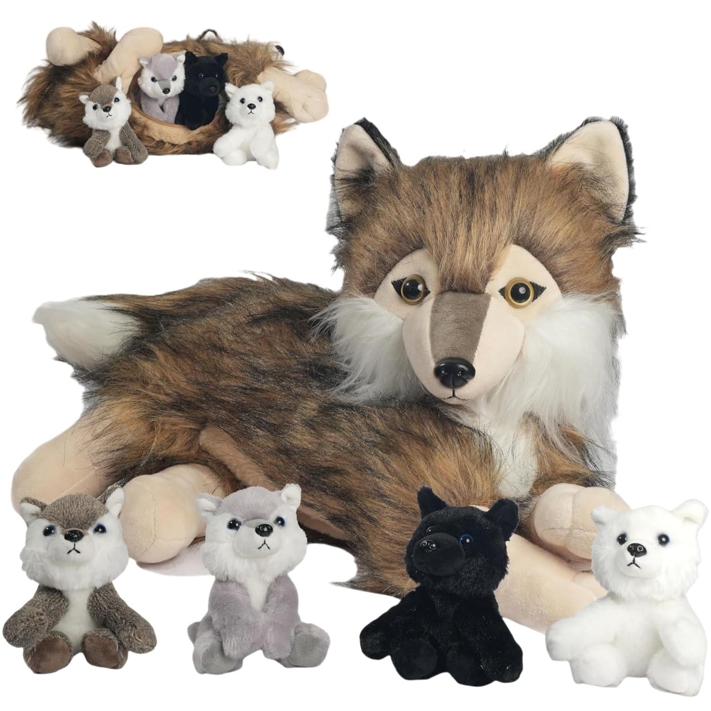 5Pcs Wolf Stuffed Animal Plush Wolf Toys Inside 16 Inch Mommy Wolf Plush With 4 Cute Baby Wolves In Her Zippered Tummy Soft Wolf