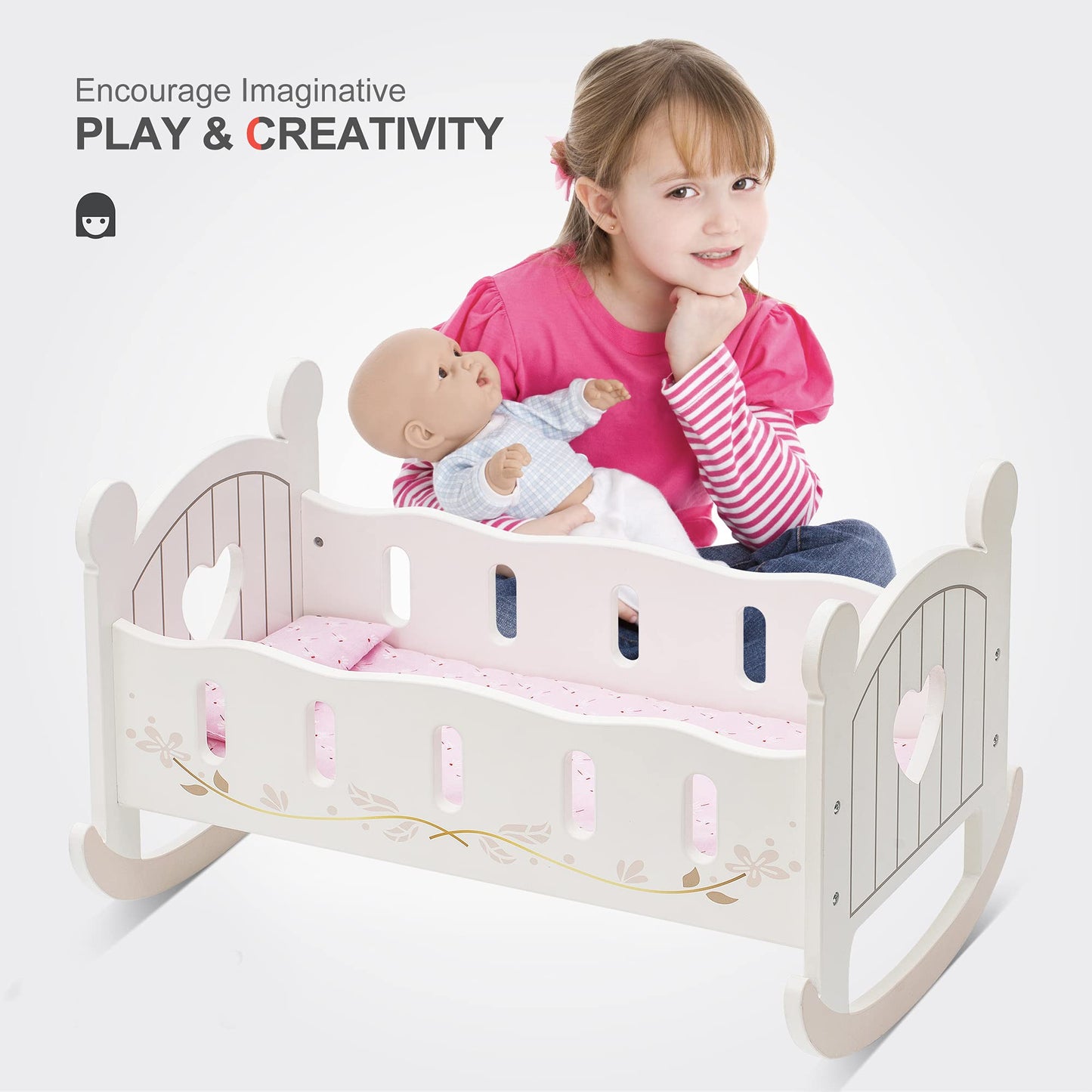 Robotime Wooden Play Doll Cradle Rocking Baby Doll Crib, Reversible Doll Bedding For Toddler Girl,Fits Dolls Up To 20 Inches (Wh