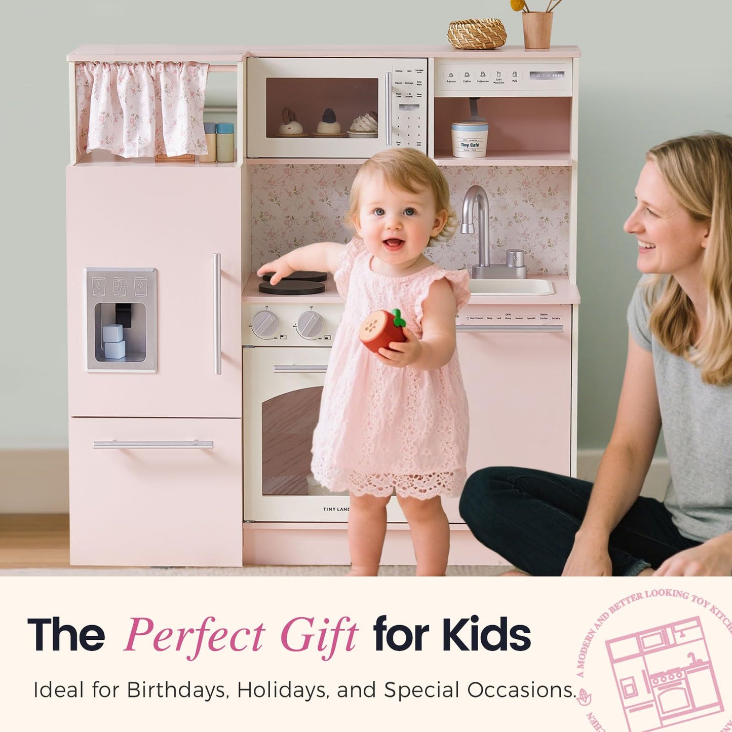 Tiny Land Play Kitchen For Kids, Upgraded Wooden Kitchen Toy With Complete Play Areas, Pretend Cooking Set With Sink, Stove, Mic
