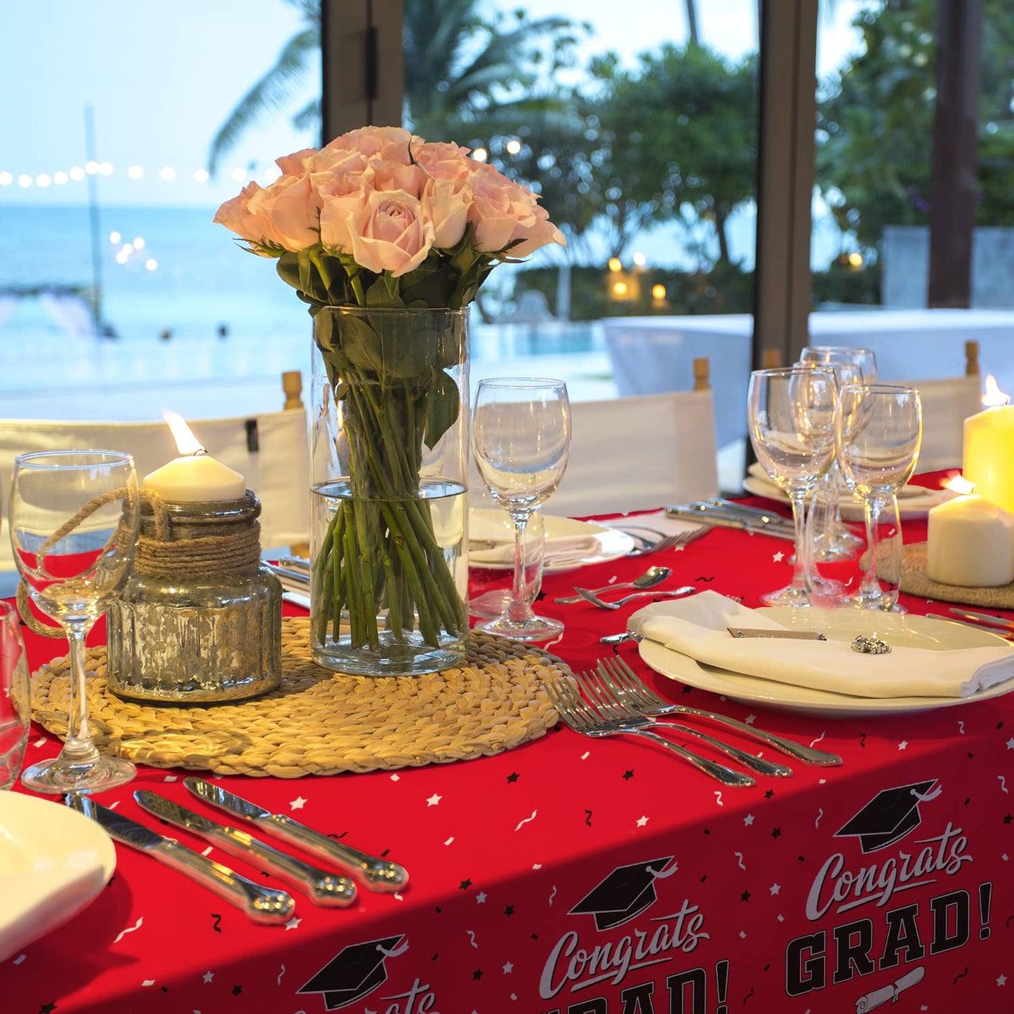 Graduation Party Decorations, Gongrats Grad Tablecover For Graduation Party Supplies, 3 Pcs Class Red Table Cloths, 54''X108''