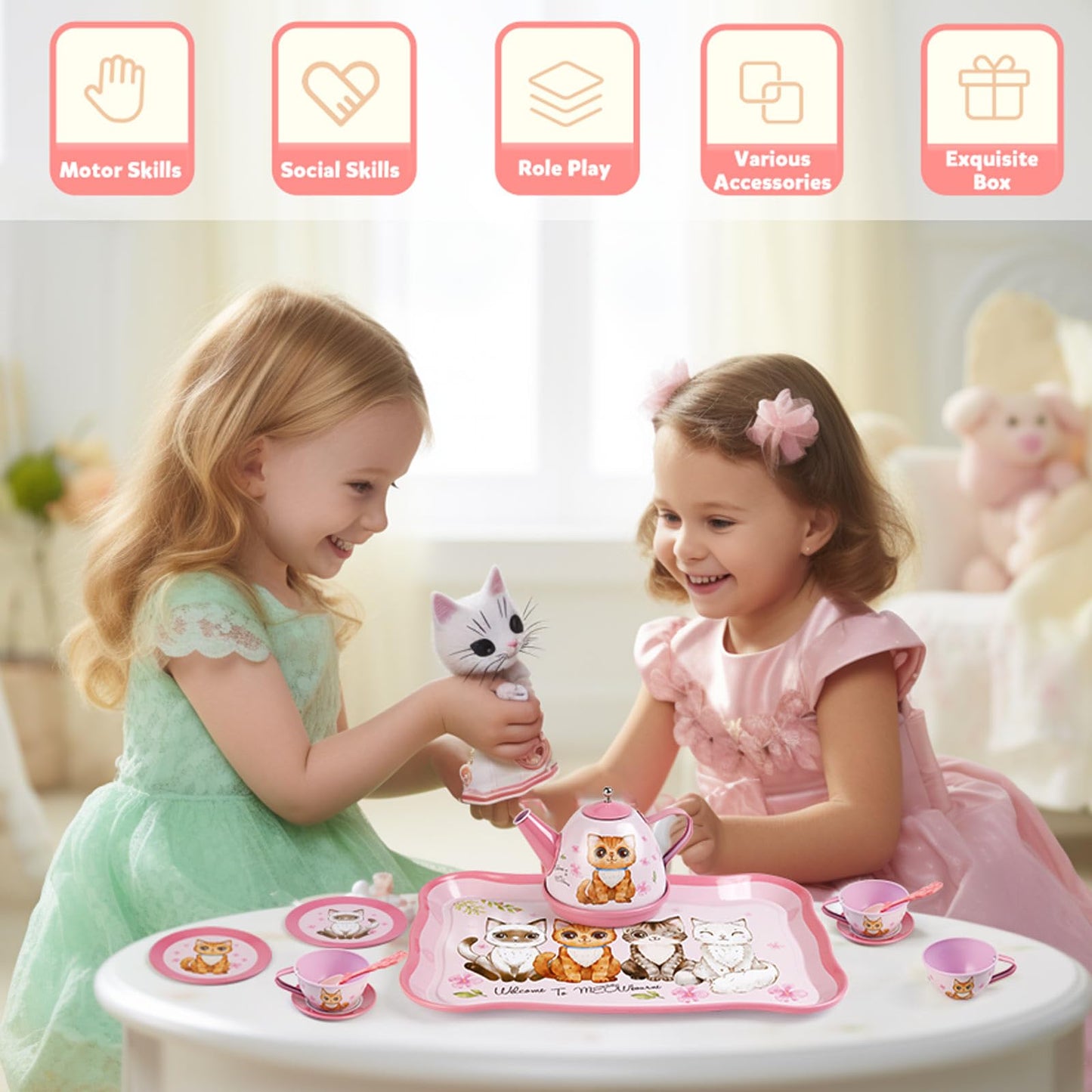 Lajeje Cat Tea Party Set for Little Girls - 19pcs Pretend Play Toy, Birthday Gift for Toddlers Ages 3 4 5 6 Year Old, Includes K