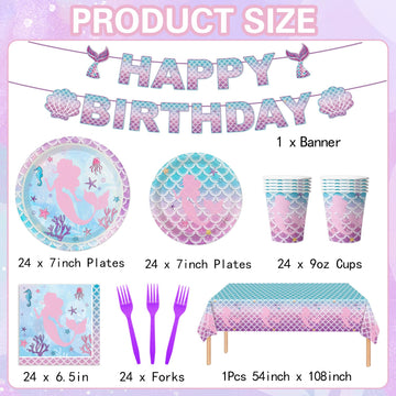 122Pcs Mermaid Birthday Party Supplies Mermaid Party Decorations Set Includes Plates, Napkins, Forks, Cups, Tablecloth, Banner F