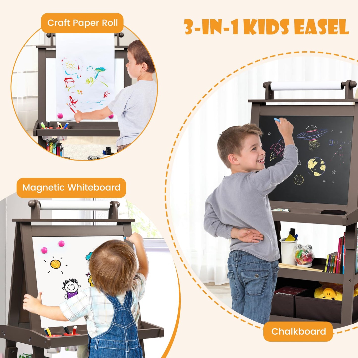 Honey Joy Art Easel For Kids, 3-In-1 Double-Sided Wooden Toddler Easel W/Magnetic White Board & Chalkboard, Paper Roll, 2 Storage Bins, Painting Dry Erase, Kids Easel For Boys Girls Aged 3+ (Coffee)