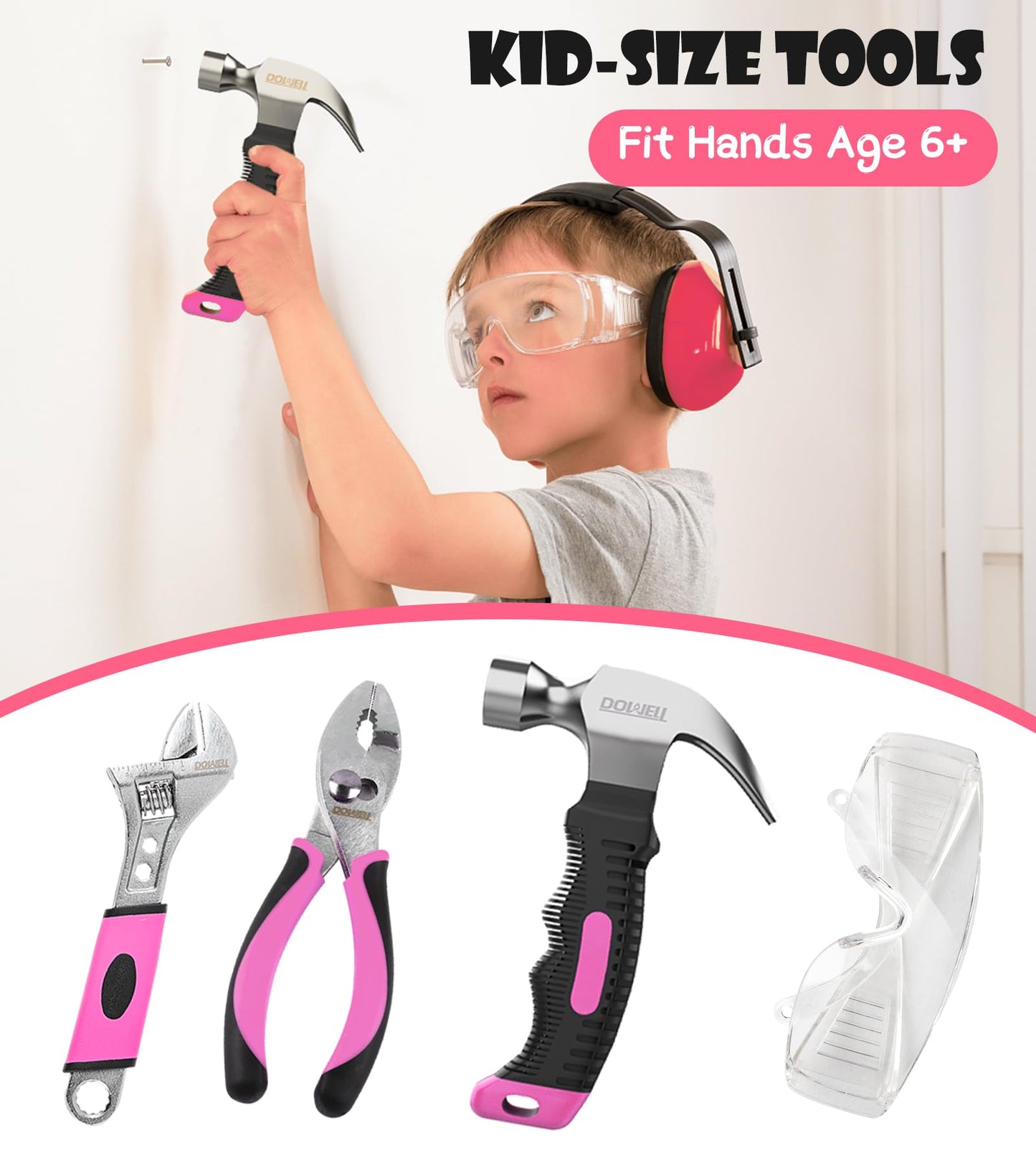 DOWELL Kids Real Tools Pink Tool Set, 14 Pieces, with Tool Bag for Girls