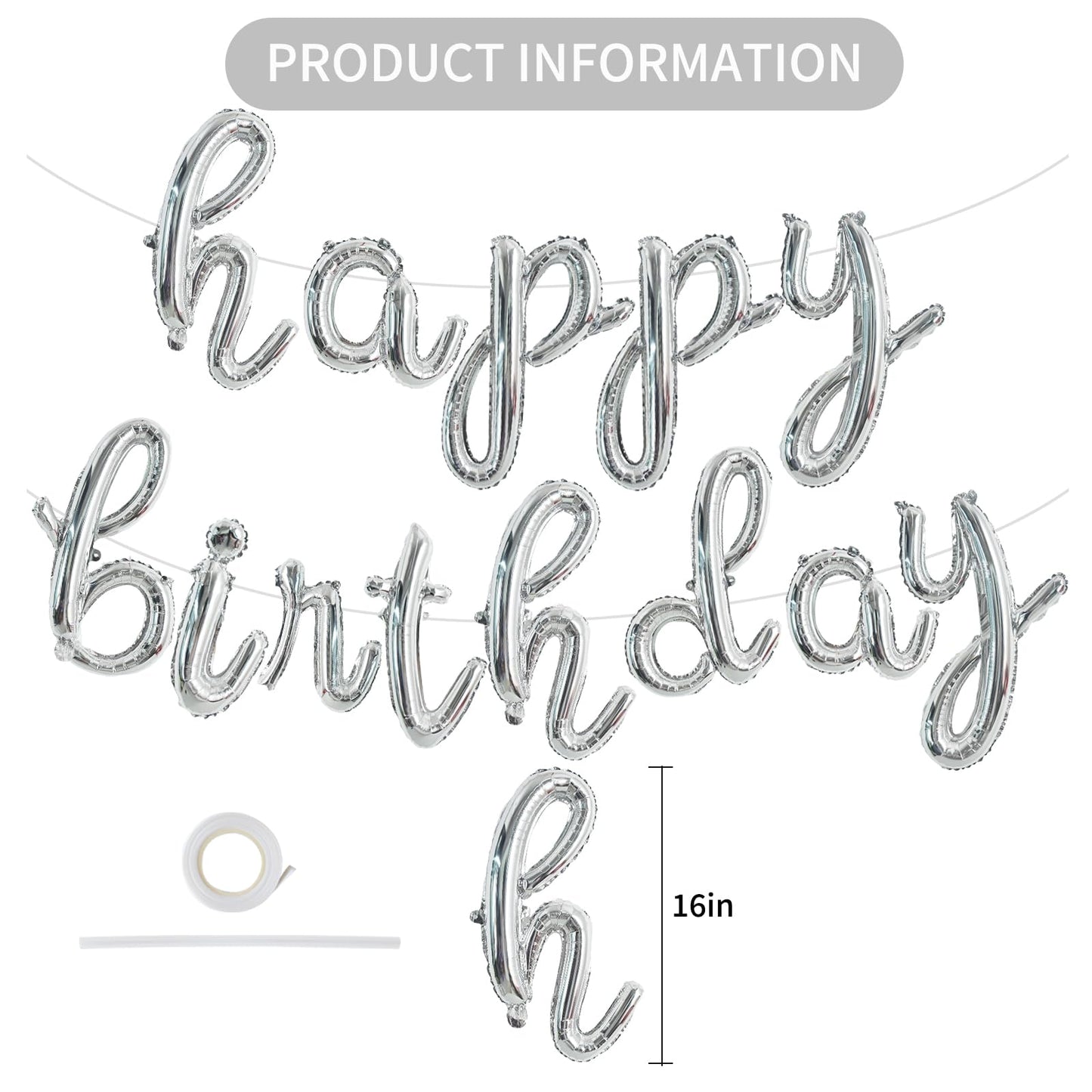 Toniful Silver Happy Birthday Balloons Banner,Cursive Happy Birthday Balloons Silver Birthday Decorations Silver Mylar Foil Birt