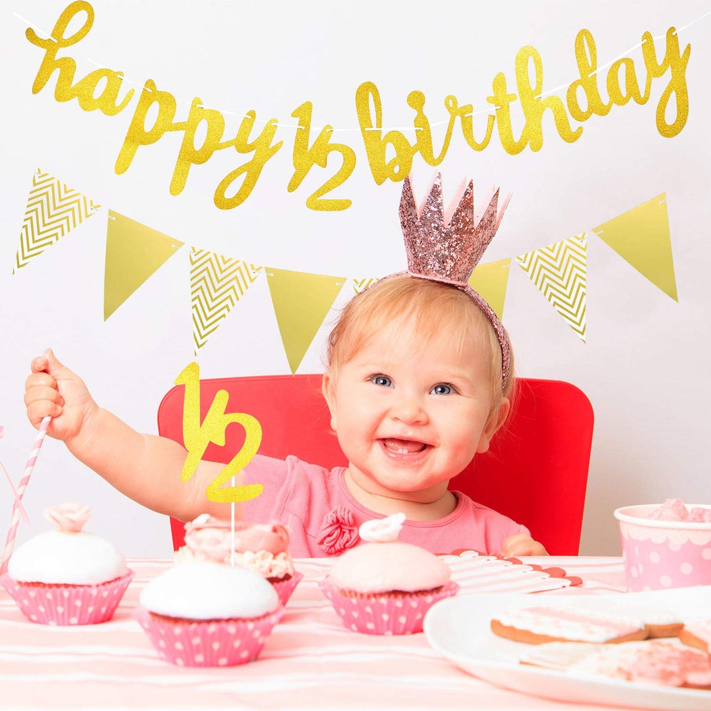 6 Months Banner Happy Birthday Banner Happy 1/2 Birthday Banner Glitter 1/2 Half Year Cake Topper Triangle Flag Banner For Half Year Baby Shower Birthday Party Decoration, Pre-Strung (Gold)