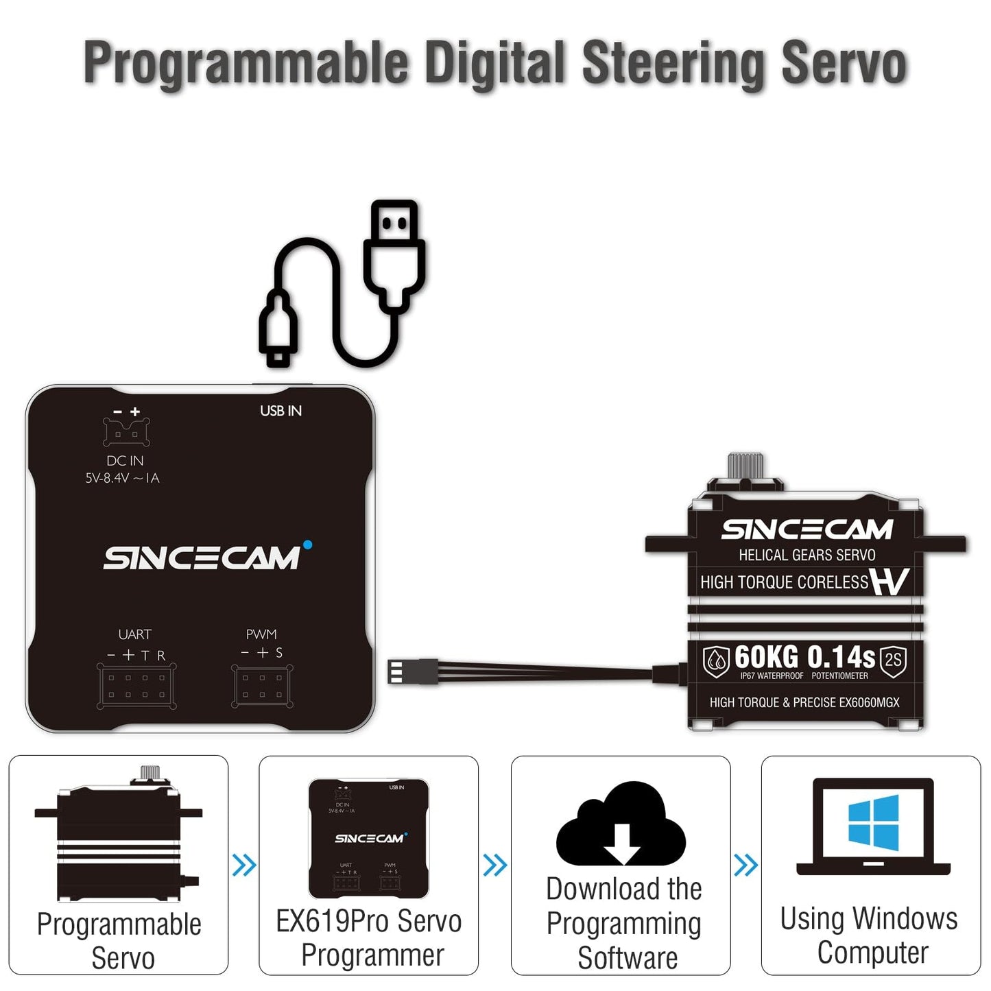 Sincecam 60KG High Torque RC Servo,Waterproof Digital Coreless Steering Servos,Programmable,Reinforced Steel Helical Gears,All A