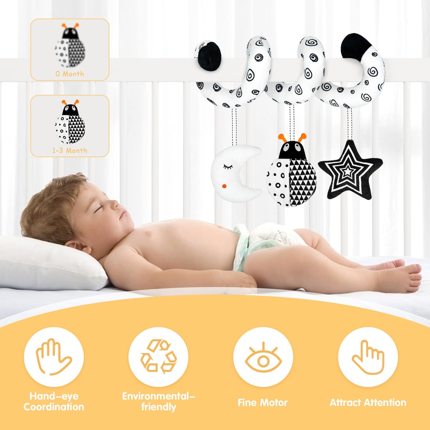 Xixiland Car Seat Toys For Babies 0-6 Months Boys Girls, Black And White High Contrast Baby Toys 0-3 Months Carseat Toys For Infants 0-6 Months, Stroller Toys Newborn Infant Toys For 0-18 Months
