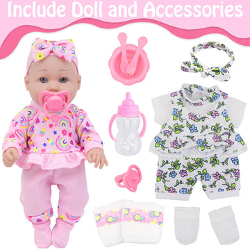 Ecore Fun 12 Inch Baby Doll with Clothes and Accessories,16 Pcs Reborn Alive Doll Playset Sets Include 12 Inch Doll,2 Sets of Cl