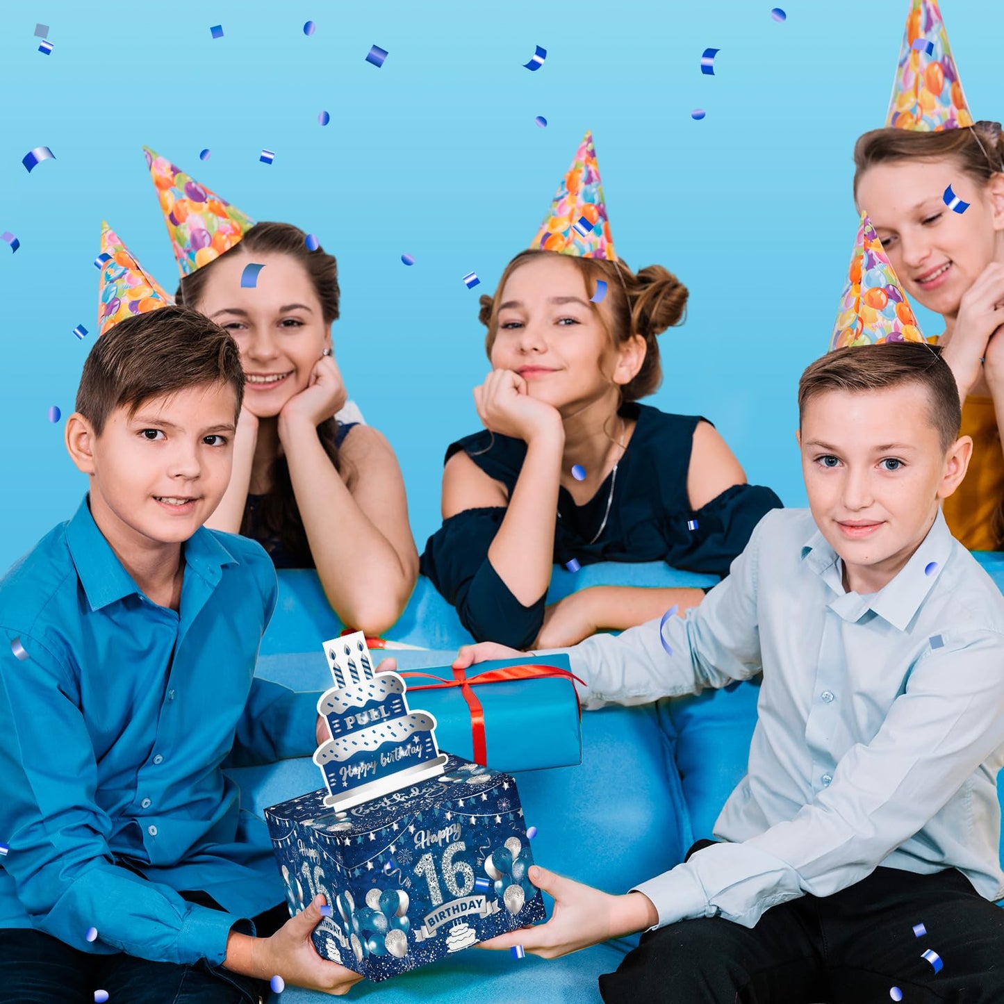 Blue Silver 16Th Birthday Money Box For Cash Gift Pull, Surprise Money Gift Money Box With Birthday Pull Out Card & 30Pcs Bags F