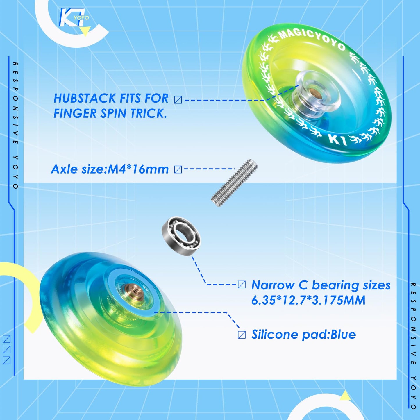 Responsive Yoyo K1 Plus - Plastic Yoyo For Kids Beginners, Yo-Yo Professional Finger Spin Yoyo Tricks With Adults, 12 Yoyo Strings + Yoyo Stroage Bag + Yoyo Glove + 2 Hubstack(Blue Yellow)