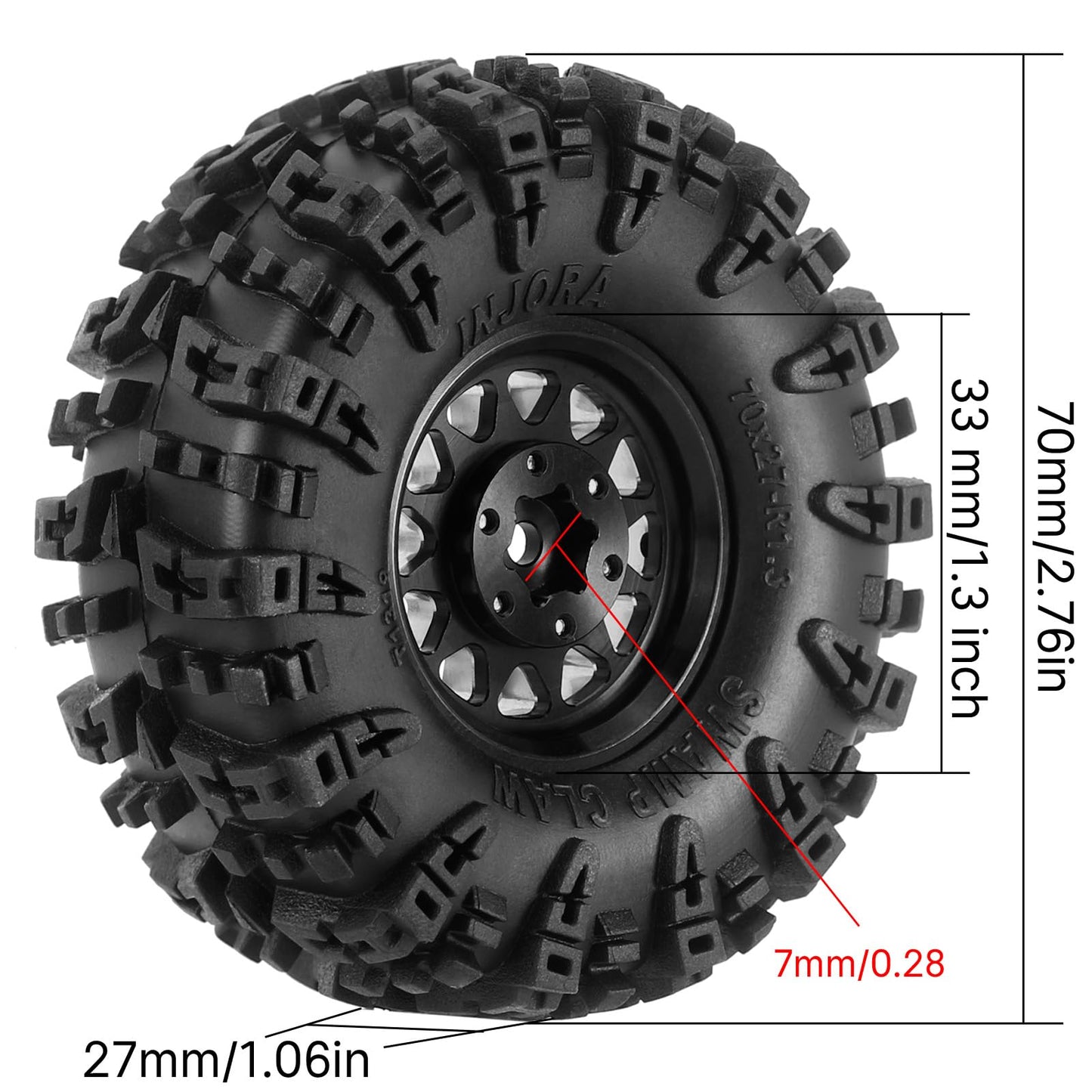 INJORA 1.3'' Wheel Tires Set S5 Swamp Claw Mud Terrain Tires 70 * 27mm for 1/18 1/24 RC Crawler Car(Black)