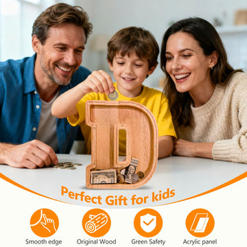 Wooden Letter Piggy Bank for Kids Initial Coin Bank for Boys and Girls First Name Personalized Savings Bank for Birthday Boys Girls Gift Piggy Bank for Kids (Wood S9-D)