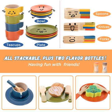 GAGAKU Wooden Play Food Sets for Kids Kitchen,Montessori Wooden Play Food Toys Play Plates and Dishes for Kids Wooden Play Kitch