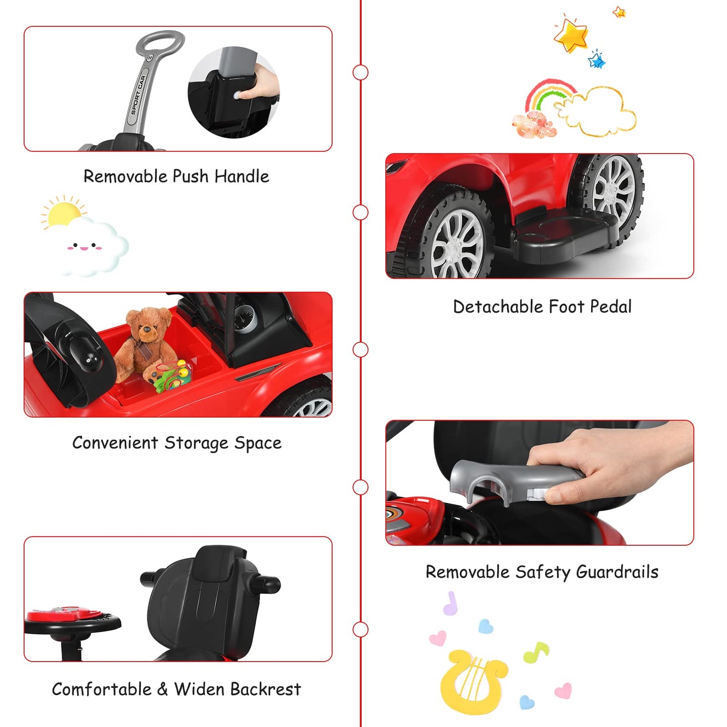 Honey Joy Ride On Push Car, Foot To Floor Ride On Sliding Car Push Handle & Detachable Guardrail, Sound & Lights, Under Seat Storage, Push Cars For Toddlers 1-3, Gift For Kids Boys Girls(Red)