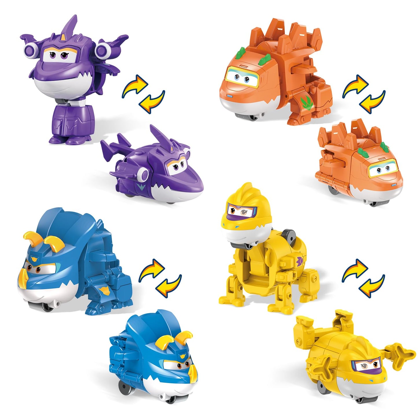 Super Wings 2 Transform-a-Bots 4-Pack, Supercharged Sally, Stego, Trico, Brachy, Airplane Toys Vehicle Mini Figures, Fun Toys fo