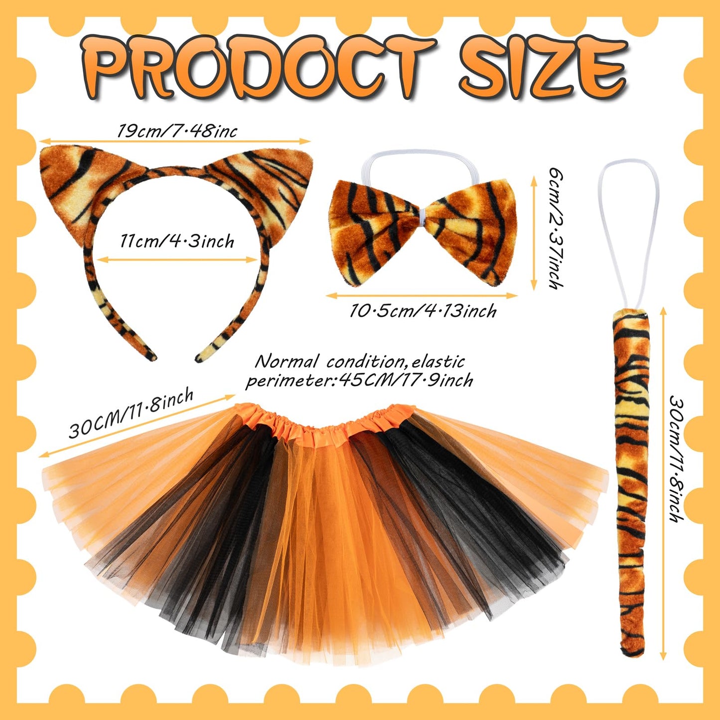 BROMZ Kids Tiger Costume Set - 5 Pcs with Ears Headband, Tail, Bowtie, Tutu & Face Sticker for Halloween Party, One Size