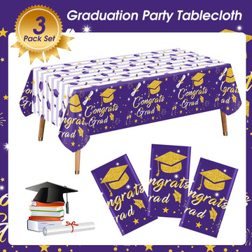 Graduation Tablecloth Party Decorations 2024, 3 Pack Purple Large Size 54''X108'' Congrats Grad Disposable Rectangle Table Cover