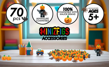 Minizfigs Halloween Spooky Pumpkin Set - 70 Piece Bulk Orange Jack-O-Lantern Pumpkins, Bats, Spiders Classic Building Toy Access
