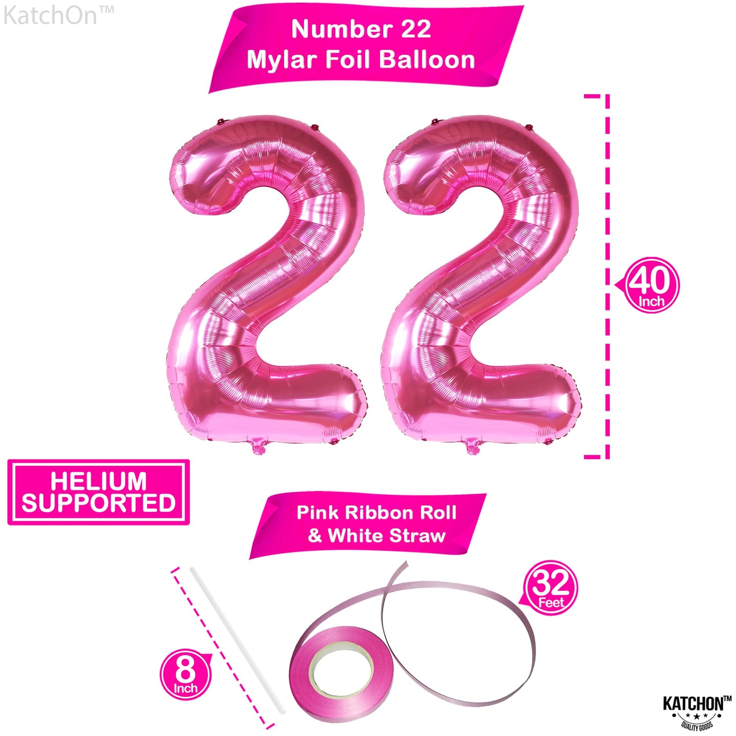 Katchon, 22 Balloon Number Hot Pink - 40 Inch | 22 Number Balloons | Pink 22 Balloons For 22 Birthday Decorations For Men | Number 22 Balloons | 22 Balloons For 22 Birthday Decorations For Women