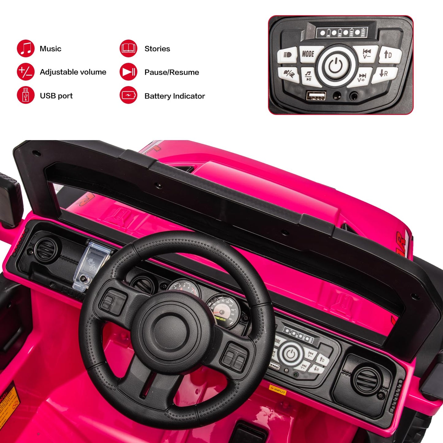 Modern-Depo 12V Kids Ride On Car Truck With Diy Stickers, Manual/Remote Control Electric Car With Led Lights, 2 Motors, 2 Speeds Adjustable, Openable Doors, Spring Suspension, Music Player, Rose Pink